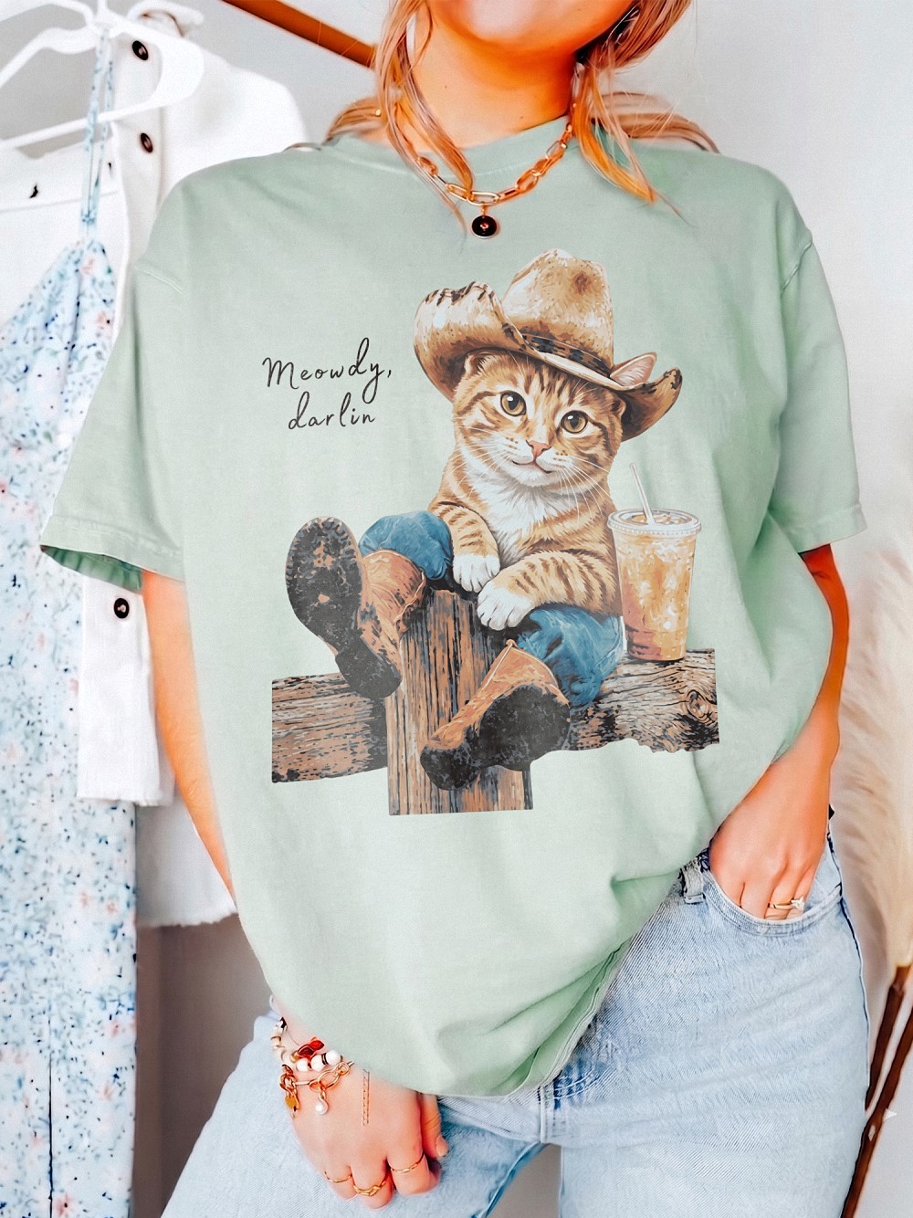 Enrjdsnx Meowdy Darlin Cowboy Cat T-Shirt | Western Graphic Tee