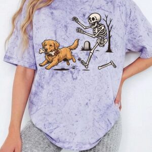 Kruwekyc Golden Retriever Skeleton Halloween Graphic Tie-Dye Tee