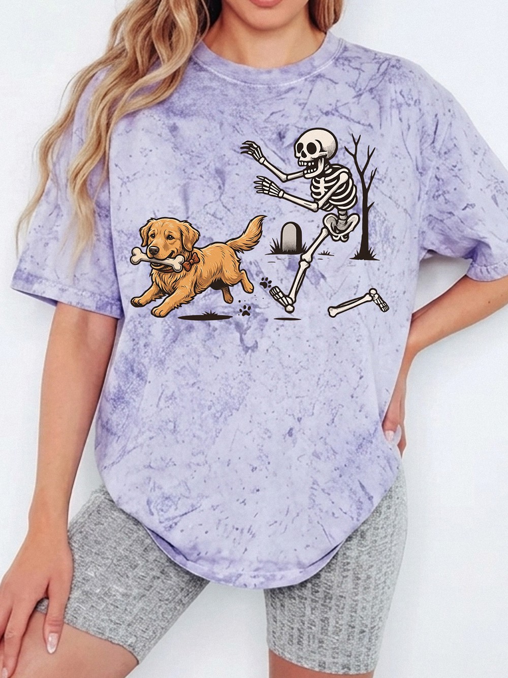 Kruwekyc Golden Retriever Skeleton Halloween Graphic Tie-Dye Tee