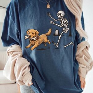 Kruwekyc Golden Retriever Skeleton Halloween Graphic Tie-Dye Tee