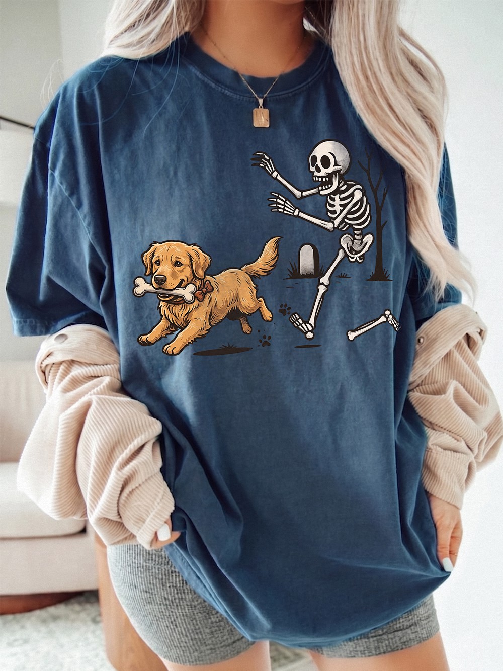 Kruwekyc Golden Retriever Skeleton Halloween Graphic Tie-Dye Tee