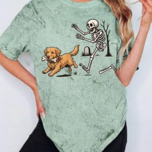Kruwekyc Golden Retriever Skeleton Halloween Graphic Tie-Dye Tee