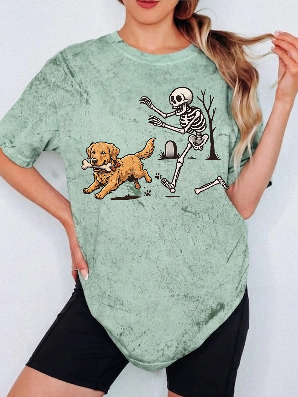 Kruwekyc Golden Retriever Skeleton Halloween Graphic Tie-Dye Tee