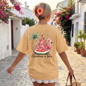 Christmas in July Shirt Tropical Watermelon Flamingo Tee