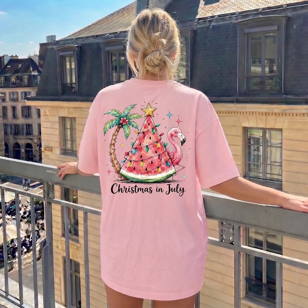 Christmas in July Shirt Tropical Watermelon Flamingo Tee