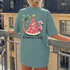 Christmas in July Shirt Tropical Watermelon Flamingo Tee