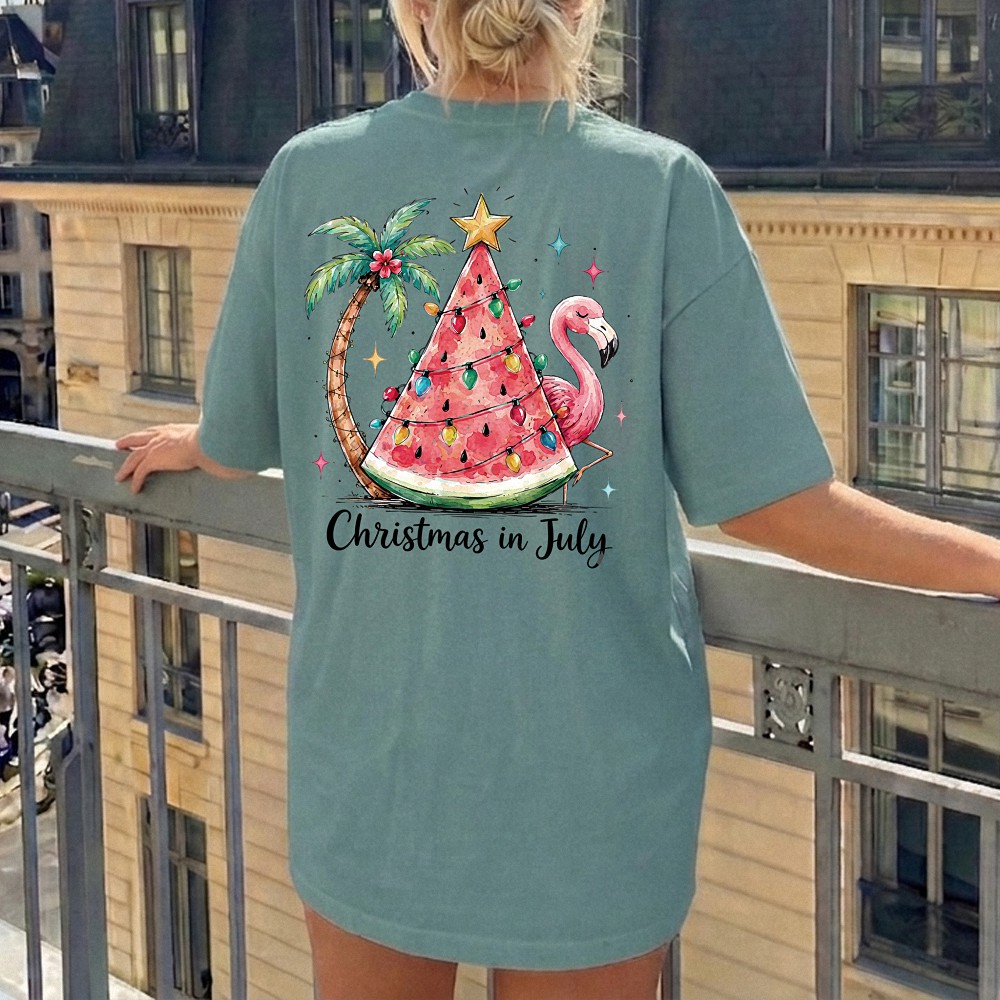 Christmas in July Shirt Tropical Watermelon Flamingo Tee