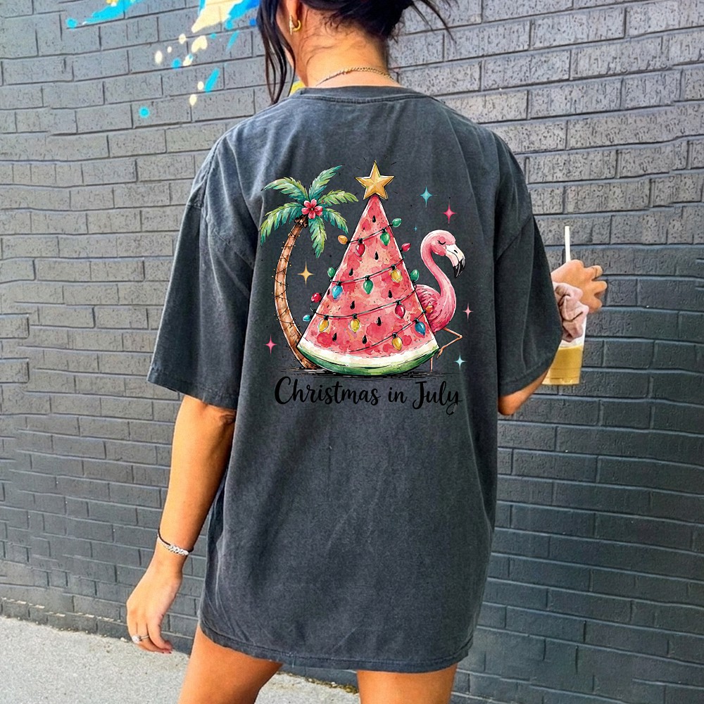Christmas in July Shirt Tropical Watermelon Flamingo Tee