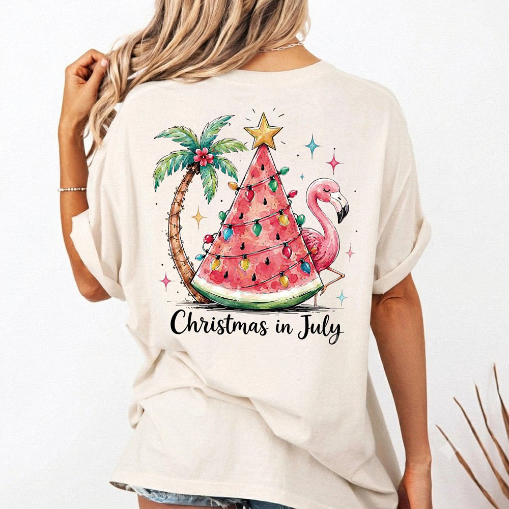 Christmas in July Shirt Tropical Watermelon Flamingo Tee
