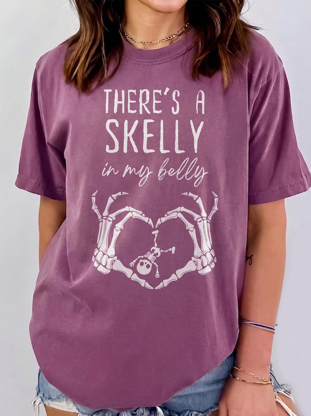 Skelly In My Belly Halloween Pregnancy T-Shirt Baby Skeleton Tee