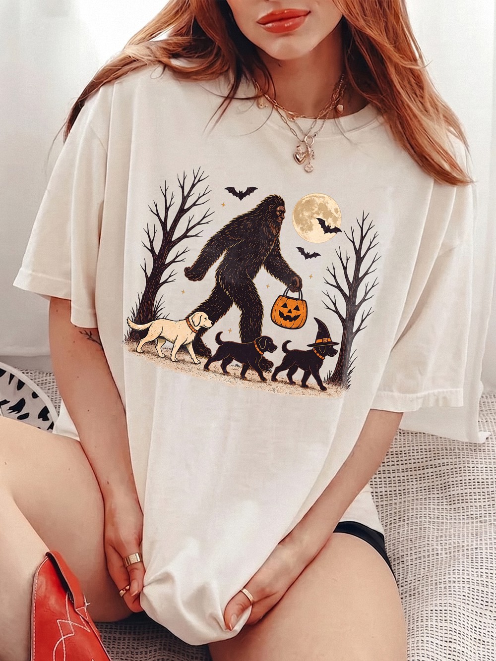 Bigfoot Walking Dogs Halloween Shirt | Spooky Dog Mom Tee