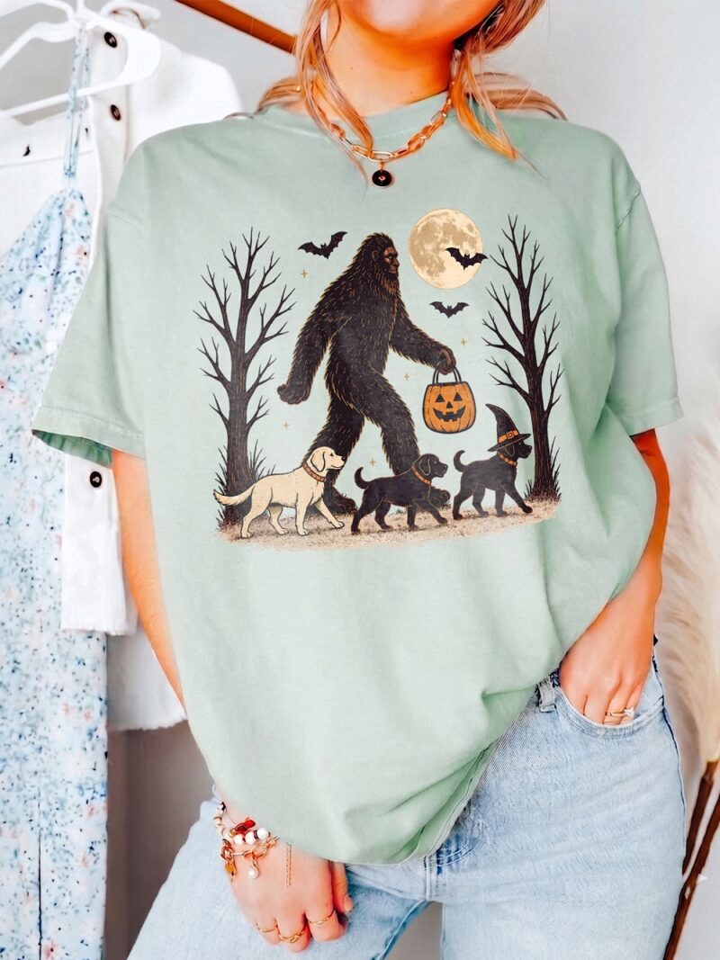 Bigfoot Walking Dogs Halloween Shirt | Spooky Dog Mom Tee