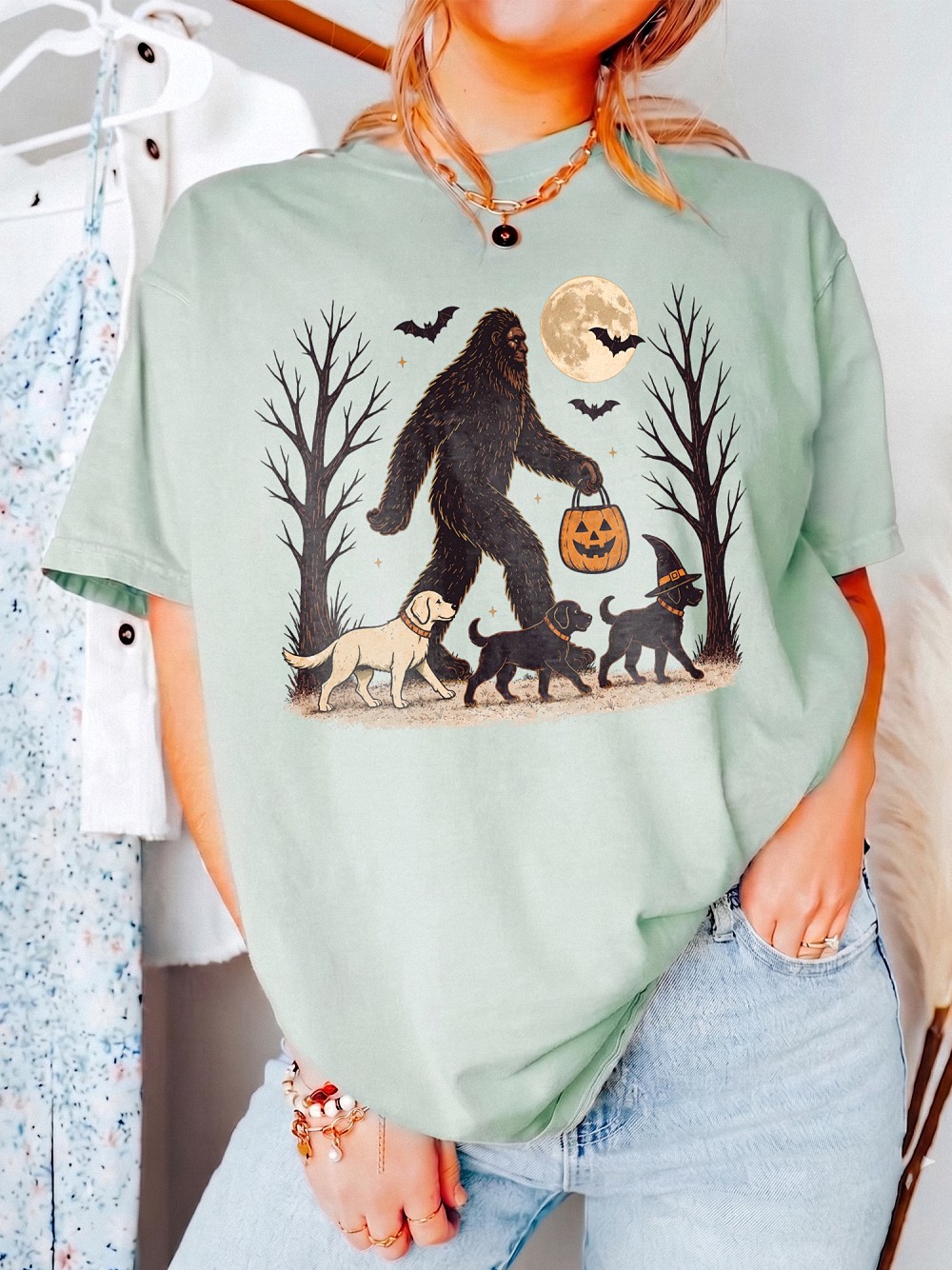 Bigfoot Walking Dogs Halloween Shirt | Spooky Dog Mom Tee
