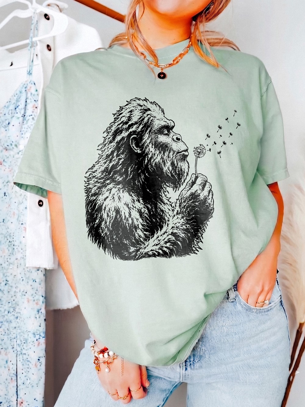 Boho Bigfoot Dandelion Graphic Tee - Gentle Sasquatch Nature Shirt