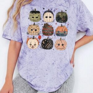 Cute Horror Movie Characters Pumpkin Bleached Halloween Spooky Season T-Shirt