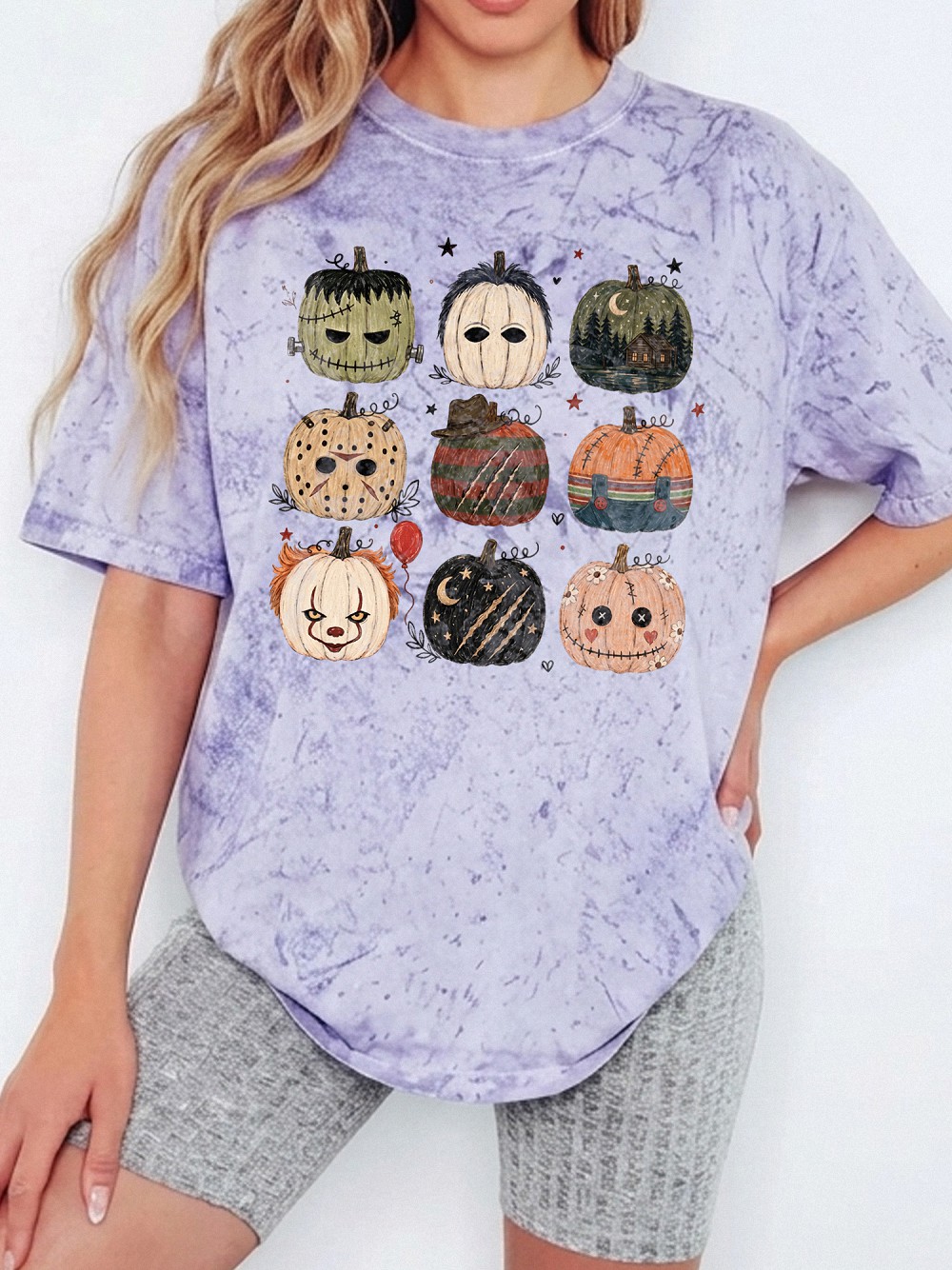 Cute Horror Movie Characters Pumpkin Bleached Halloween Spooky Season T-Shirt