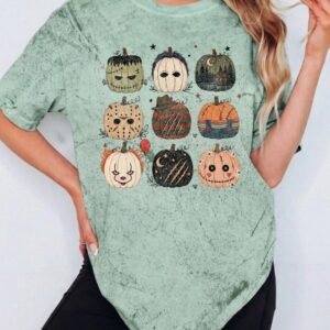 Cute Horror Movie Characters Pumpkin Bleached Halloween Spooky Season T-Shirt