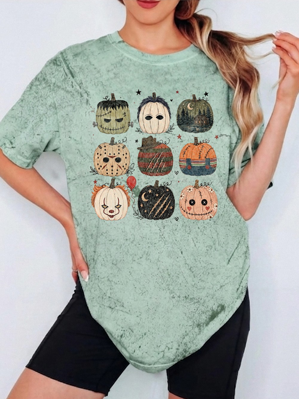 Cute Horror Movie Characters Pumpkin Bleached Halloween Spooky Season T-Shirt