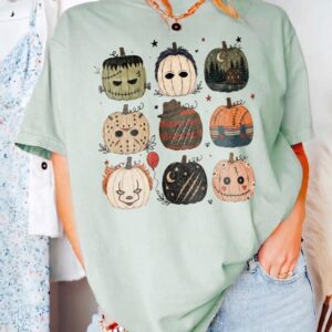Cute Horror Movie Characters Pumpkin Bleached Halloween Spooky Season T-Shirt