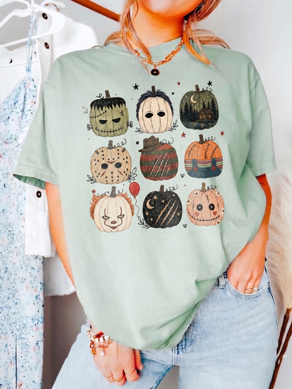 Cute Horror Movie Characters Pumpkin Bleached Halloween Spooky Season T-Shirt