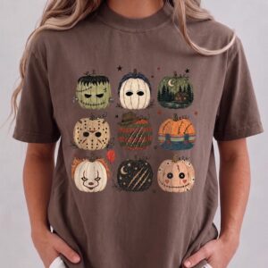 Cute Horror Movie Characters Pumpkin Bleached Halloween Spooky Season T-Shirt