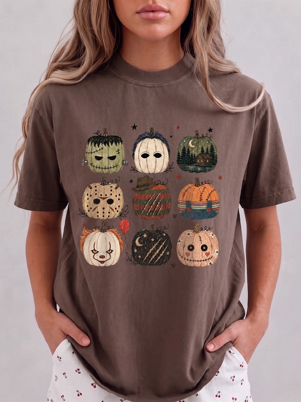 Cute Horror Movie Characters Pumpkin Bleached Halloween Spooky Season T-Shirt