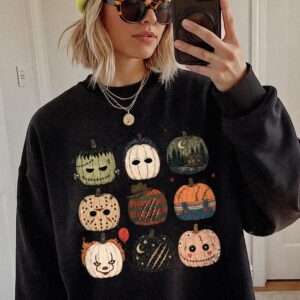 Cute Horror Movie Characters Pumpkin Bleached Halloween Spooky Season T-Shirt