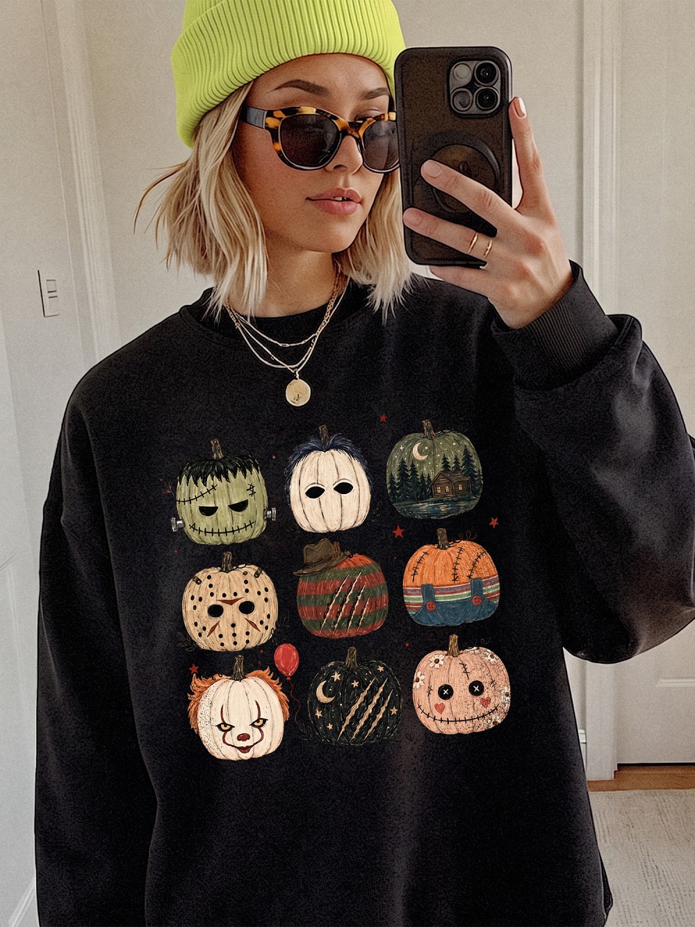 Cute Horror Movie Characters Pumpkin Bleached Halloween Spooky Season T-Shirt