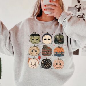 Cute Horror Movie Characters Pumpkin Bleached Halloween Spooky Season T-Shirt