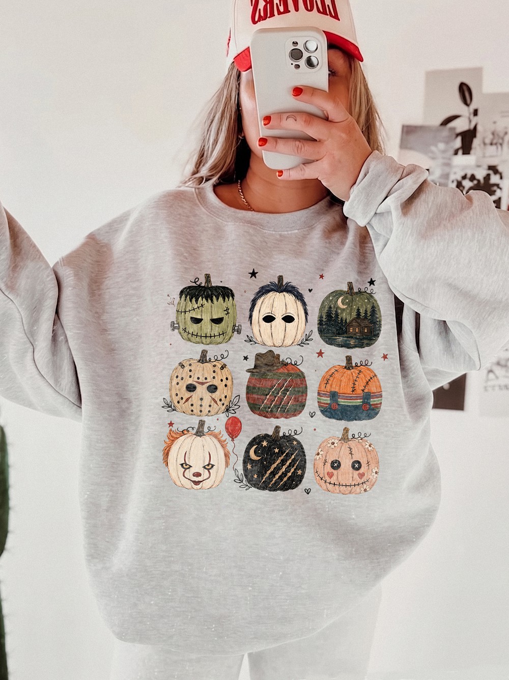 Cute Horror Movie Characters Pumpkin Bleached Halloween Spooky Season T-Shirt