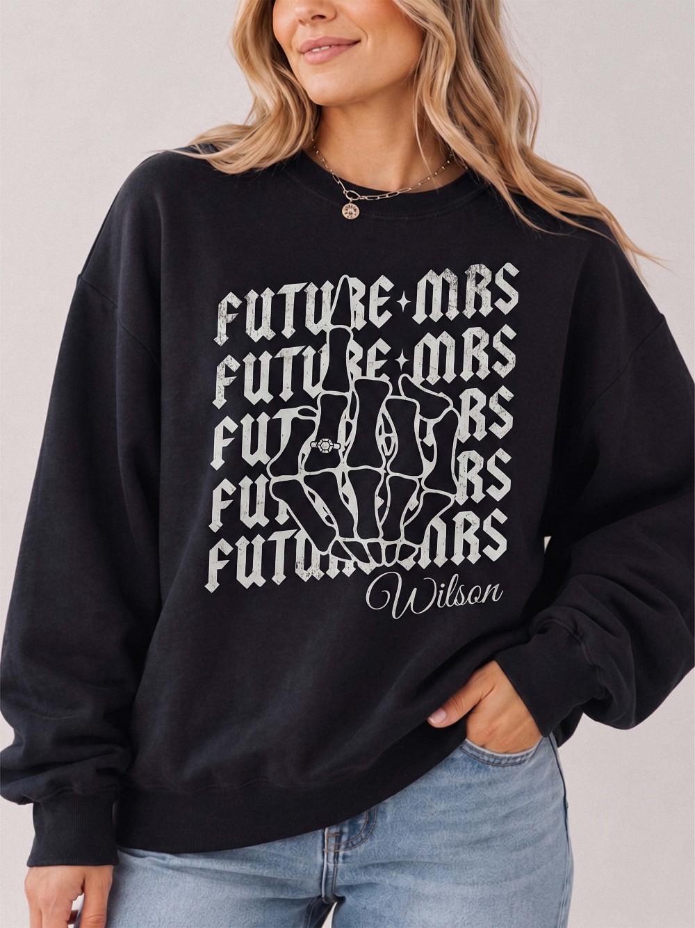 Custom Future Mrs Skeleton Hand Engagement Sweatshirt