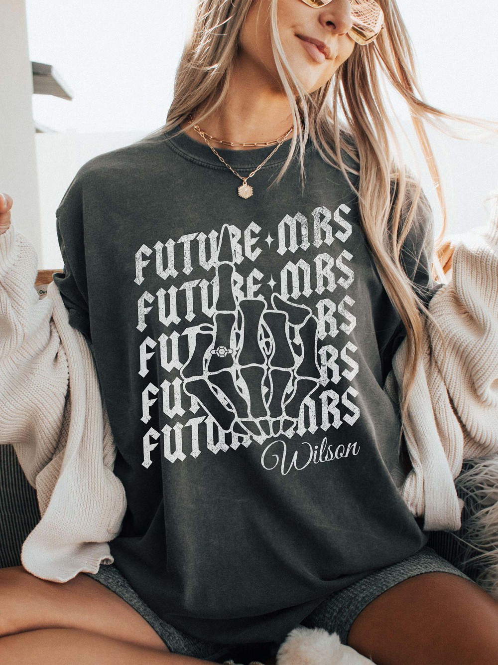 Custom Future Mrs Skeleton Hand Engagement Sweatshirt