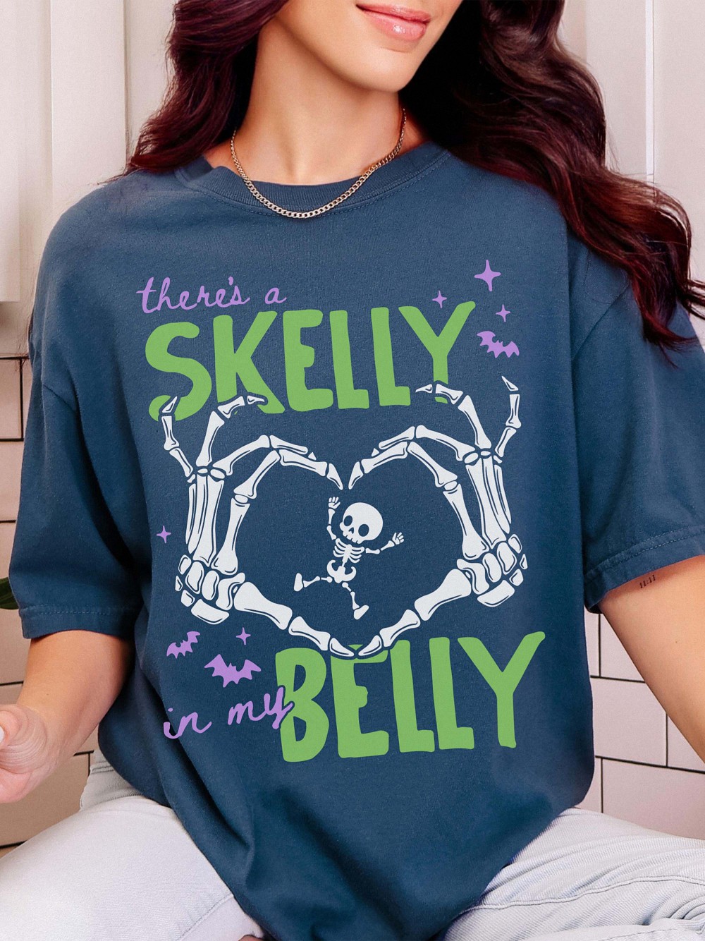There's A Skelly In My Belly Skeleton Halloween Maternity Tee