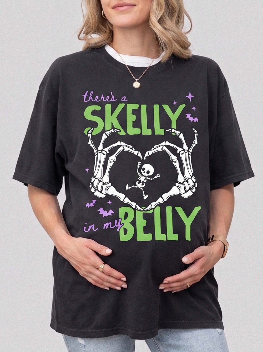 There's A Skelly In My Belly Skeleton Halloween Maternity Tee
