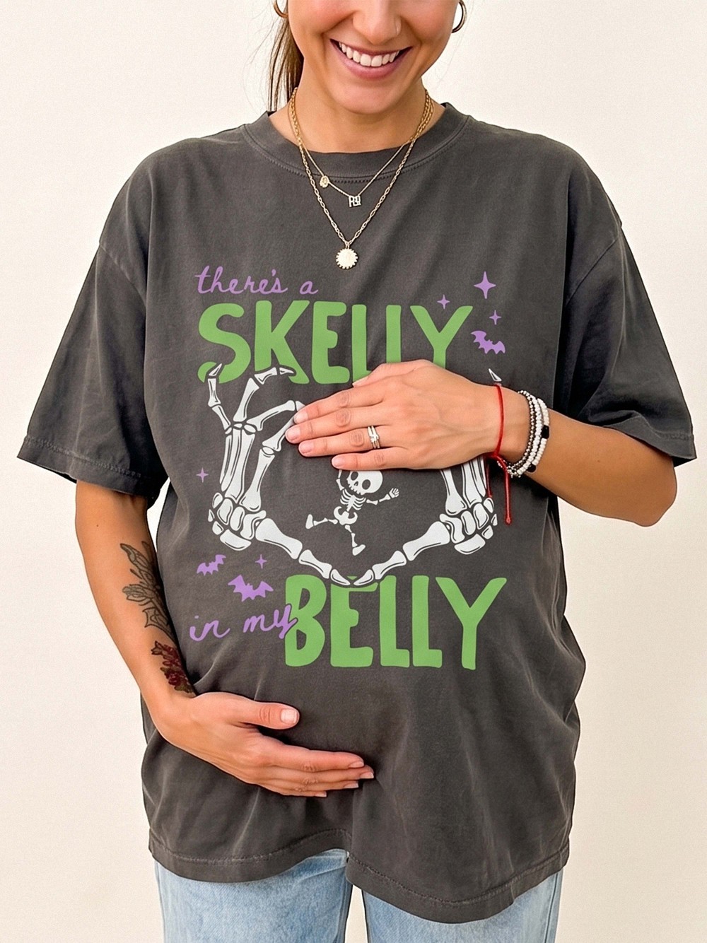 There's A Skelly In My Belly Skeleton Halloween Maternity Tee