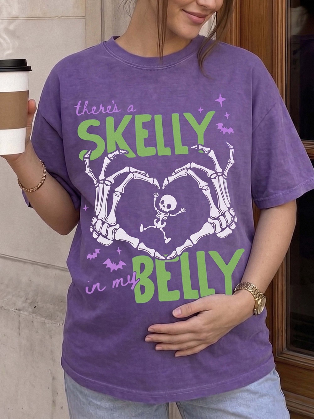 There's A Skelly In My Belly Skeleton Halloween Maternity Tee