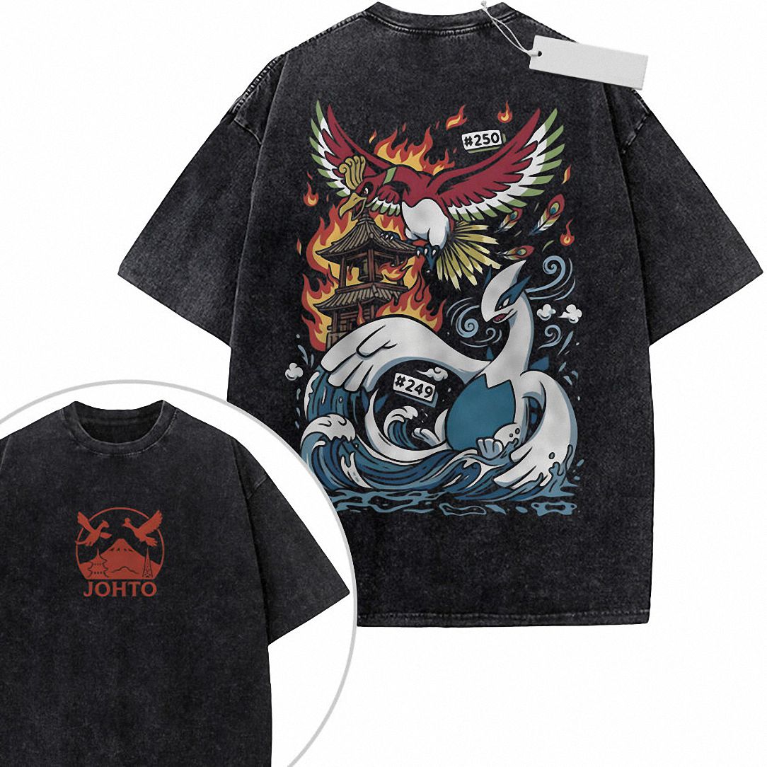 Ho-Oh and Lugia from Pokémon Johto Vintage Acid Wash Tee