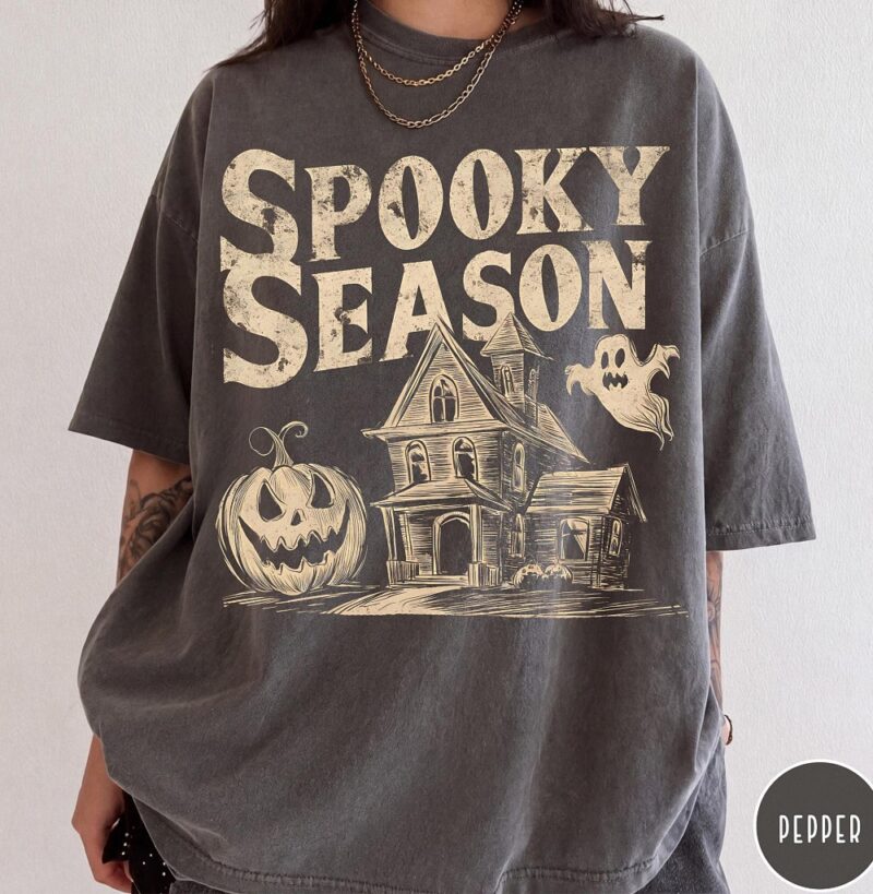 Vintage Spooky Season Halloween Shirt Haunted House Graphic Tee