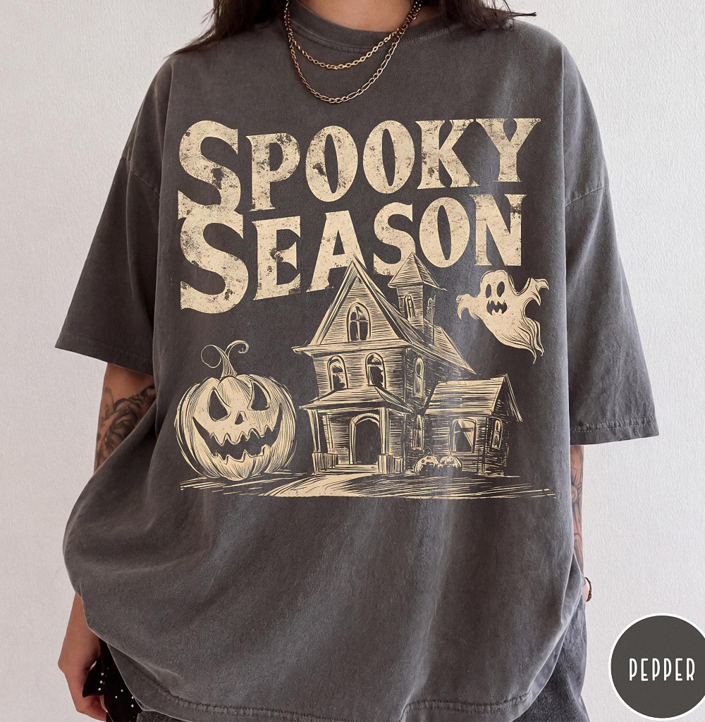 Vintage Spooky Season Halloween Shirt Haunted House Graphic Tee