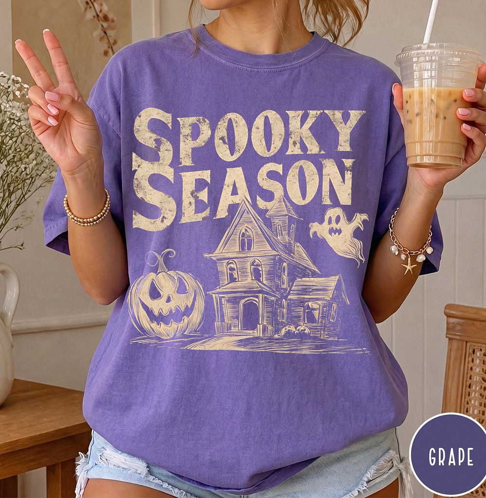 Vintage Spooky Season Halloween Shirt Haunted House Graphic Tee