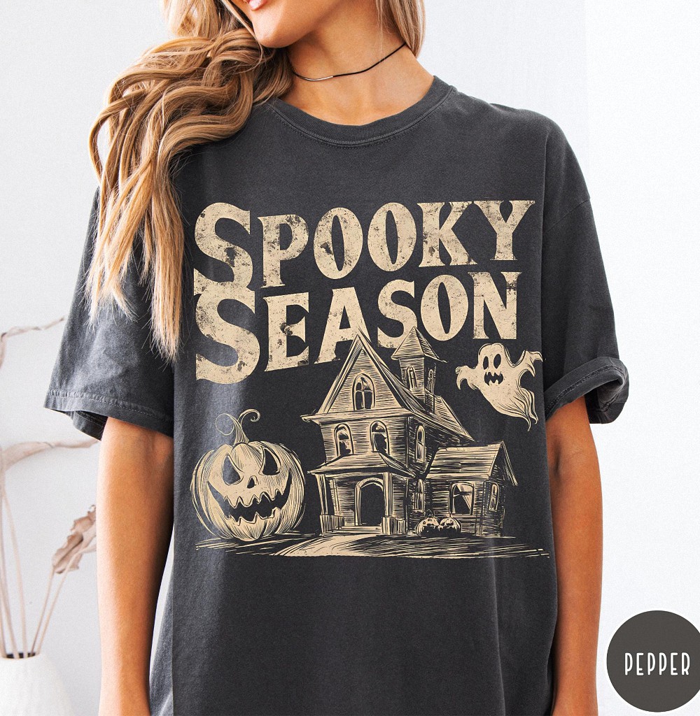 Vintage Spooky Season Halloween Shirt Haunted House Graphic Tee