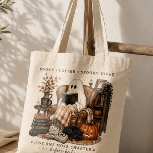 Books Coffee Spooky Vibes Tote Bag - Cozy Ghost Halloween Book Tote