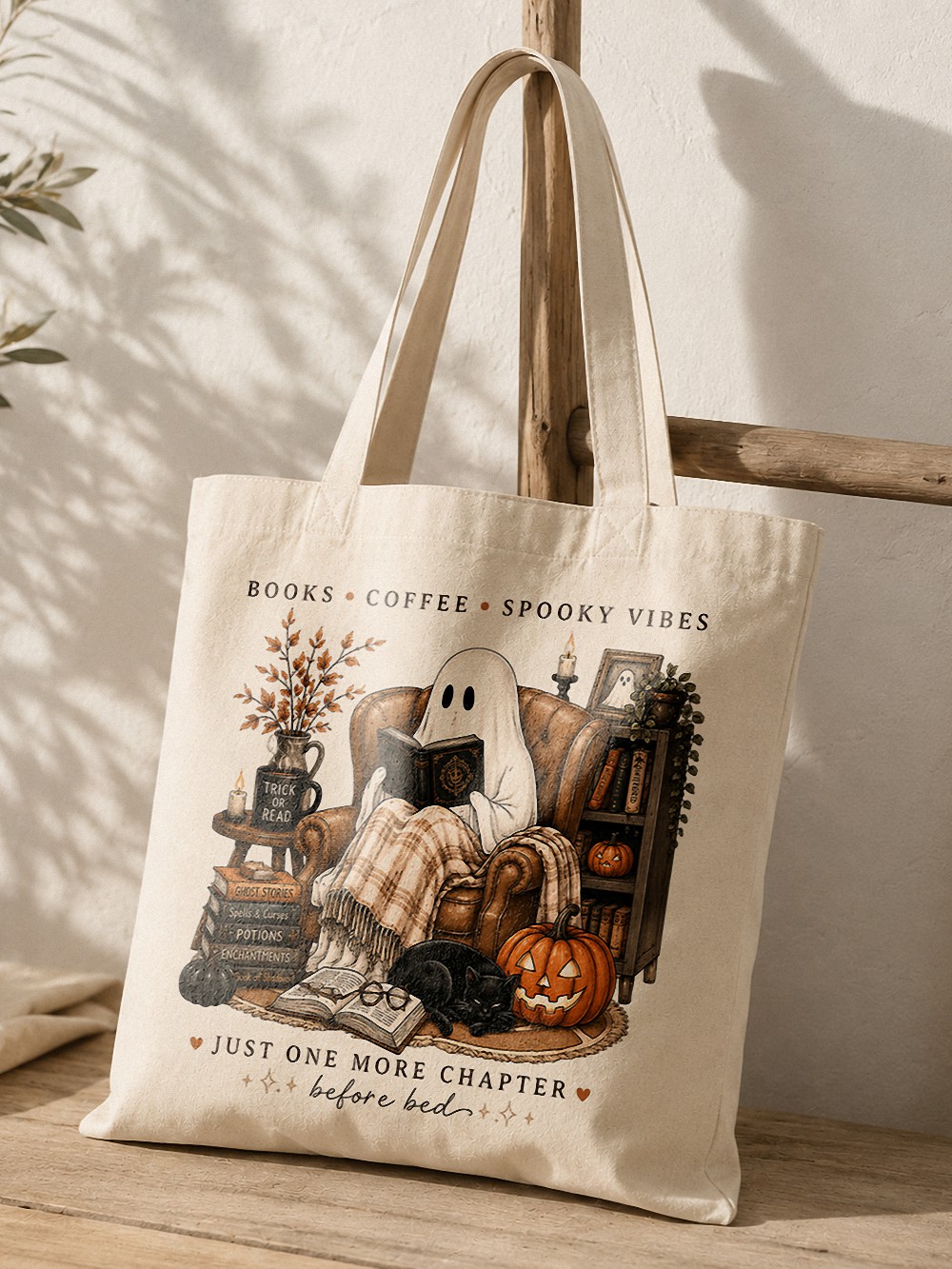 Books Coffee Spooky Vibes Tote Bag - Cozy Ghost Halloween Book Tote
