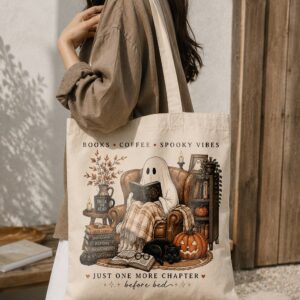 Books Coffee Spooky Vibes Tote Bag - Cozy Ghost Halloween Book Tote