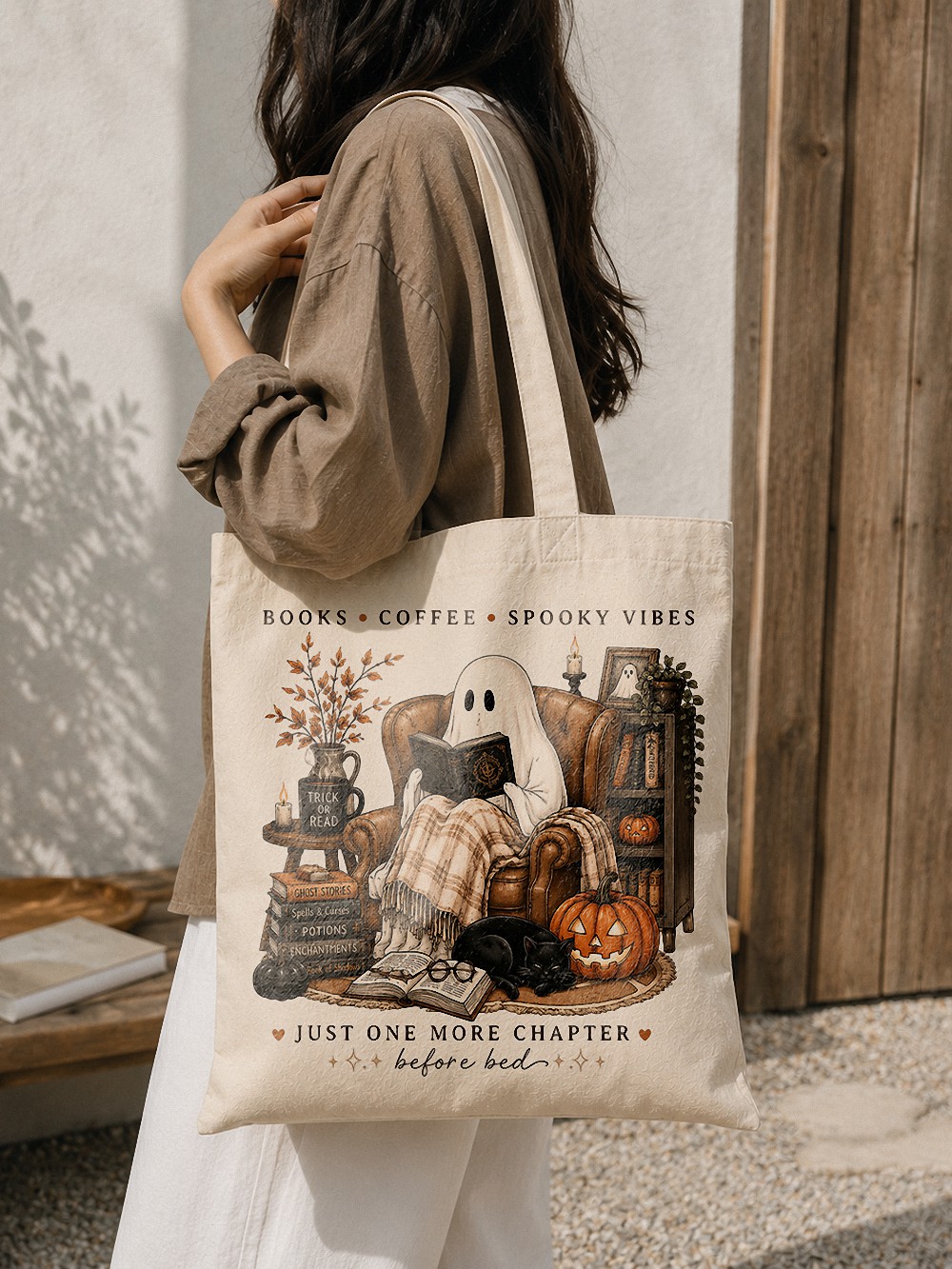 Books Coffee Spooky Vibes Tote Bag - Cozy Ghost Halloween Book Tote