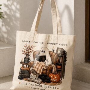 Books Coffee Spooky Vibes Tote Bag - Cozy Ghost Halloween Book Tote