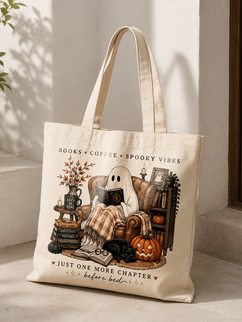 Books Coffee Spooky Vibes Tote Bag - Cozy Ghost Halloween Book Tote
