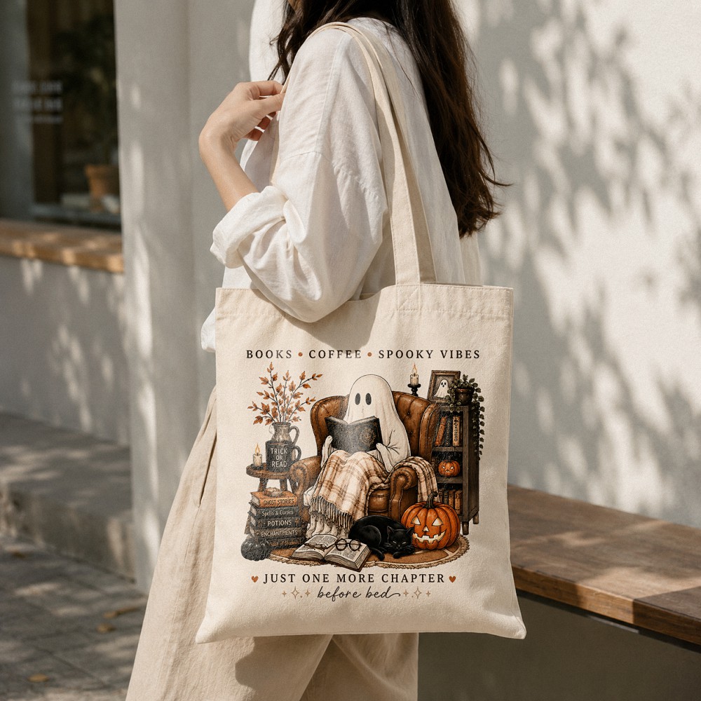 Books Coffee Spooky Vibes Tote Bag - Cozy Ghost Halloween Book Tote