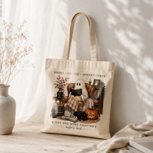 Books Coffee Spooky Vibes Tote Bag - Cozy Ghost Halloween Book Tote