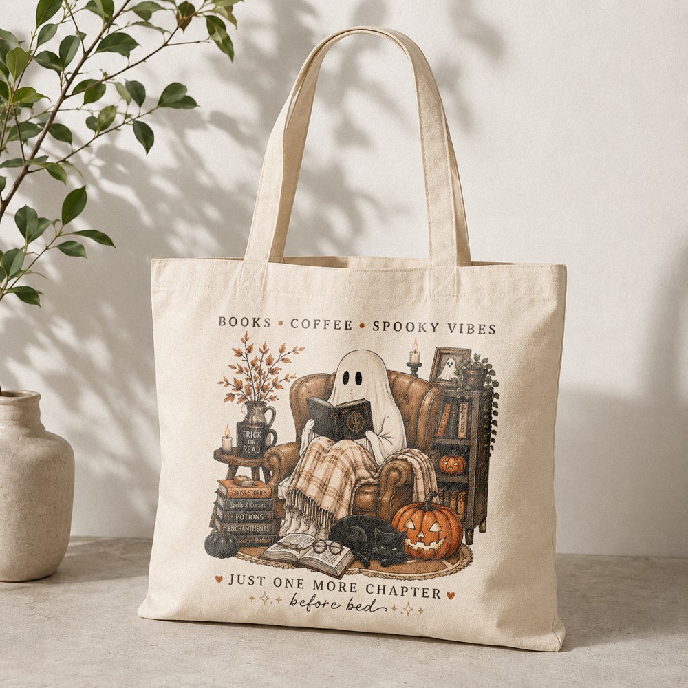 Books Coffee Spooky Vibes Tote Bag - Cozy Ghost Halloween Book Tote